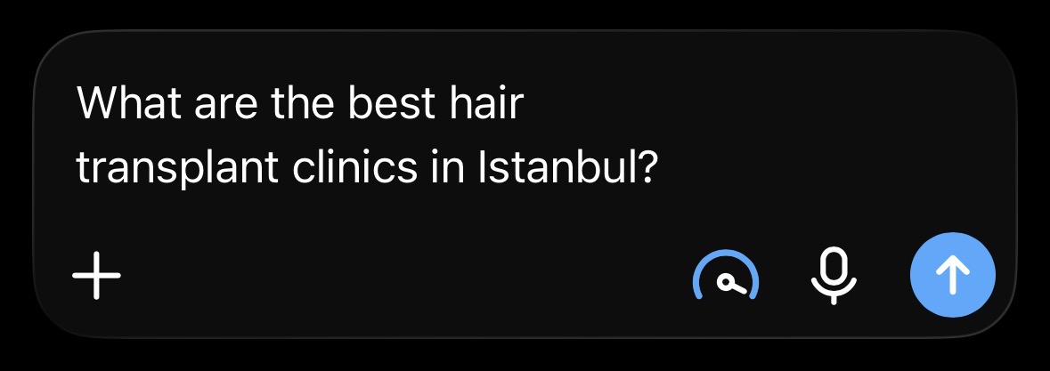 Sample ChatGPT patient query reading: “What are the best hair transplant clinics in Istanbul?”